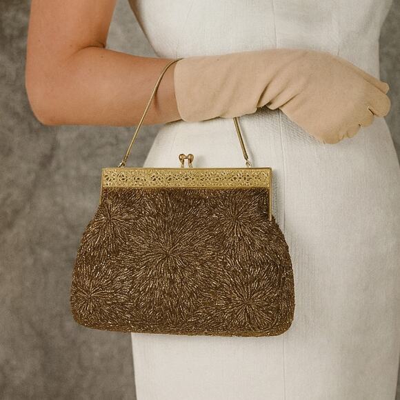 Vintage 1960s Beaded Evening Bag Purse Gold - Picture 1 of 9